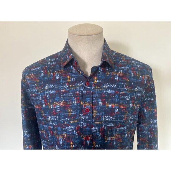 A FISH NAMED FRED Shirt Mens Large Blue Musical Print Long Sleeve Flip Cuff - Picture 2 of 10